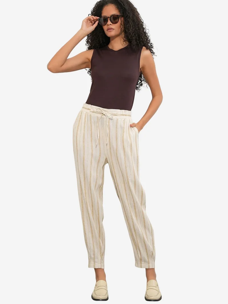 Big Dart Oatmeal Natural BDART Striped Linen-blend Jogger Pants for Women | Best Price UAE