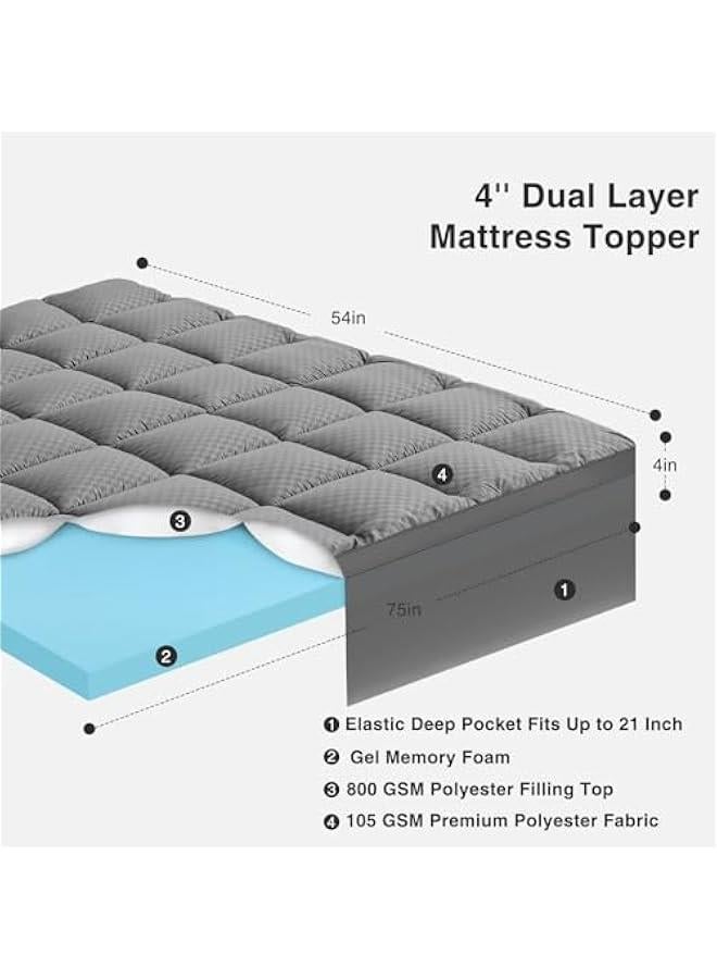 Arabest 4 Full Size Memory Foam Mattress Topper with Cooling Pillow Top Cover and Gel Memory Foam Layer, Deep Elastic Pocket, Grey - Image 2