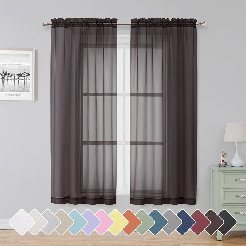 SimpleBrand Chocolate Sheer Curtains 63 Inch Length 2 Panels, Rod Pocket Solid Color Window Sheer Curtain Panels, Elegant Curtains & Drapes for Living Room, Bedroom 2 Panels (42" W x 63" L) - Image 1