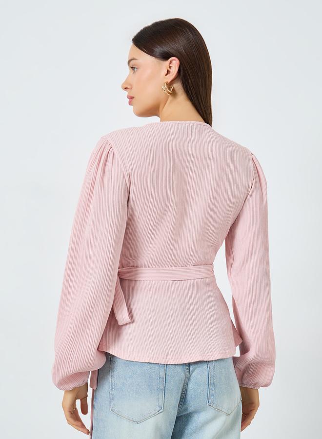 ستايلي بلوزة مضلعة بنمط لف وأكمام منفوخة - Image 5