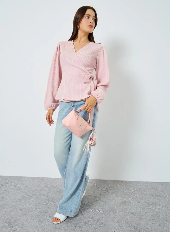 Styli Ribbed V-Neck Puff Sleeve Wrap Top