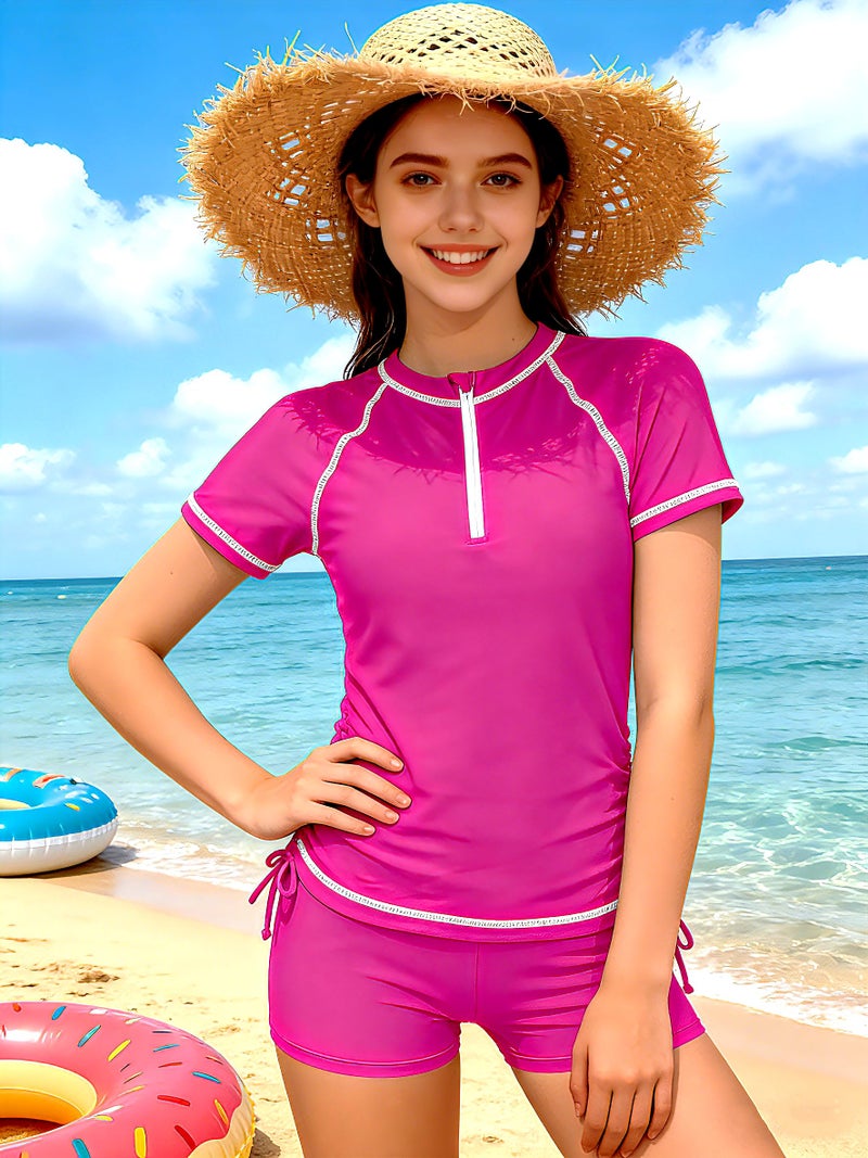 TyeSmo Girls Swimsuits Size 10-12 Rash Guard Swimsuit 2 Piece Girls Bathing Suits Size 10-12 Short Sleeve Solid Color Swimsuit for Girl 10 12 UPF 50+ Sun Protection Zip Padded Swimwear with Shorts - Image 4