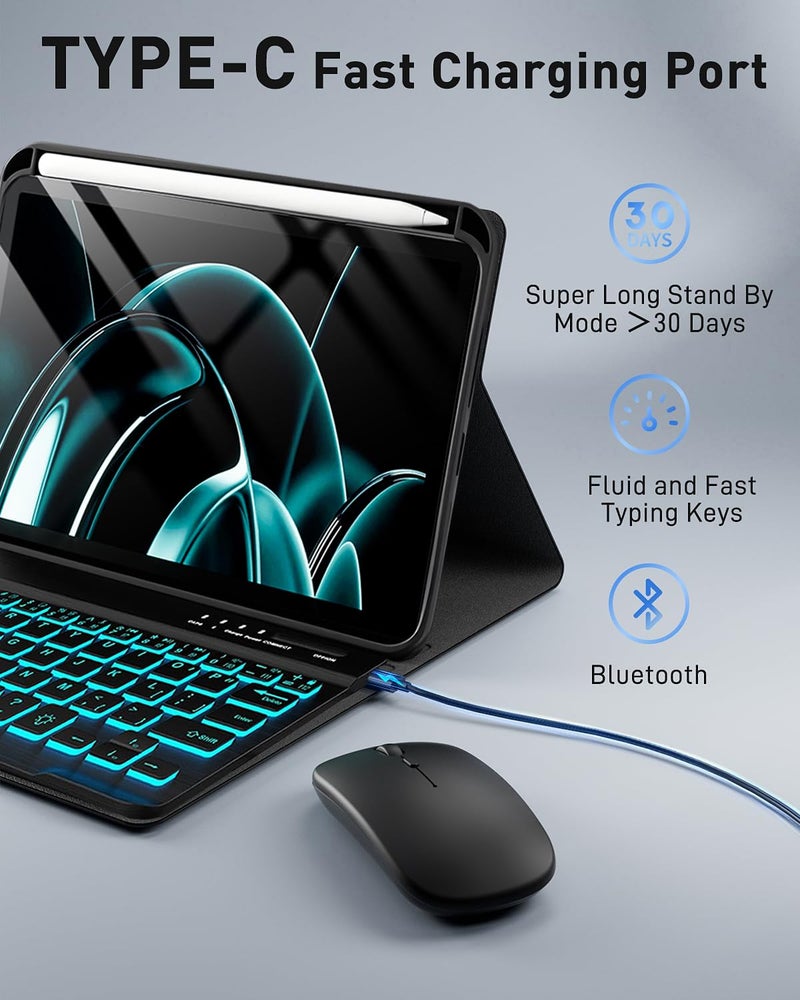 SAMTUNK for iPad mini 7 (2024) & Mini 6 (2021) Case with Keyboard for iPad mini (A17 Pro) 7th 6th Generation 8.3" - 7 Colors Backlit Keyboard Case - Built in Pencil Holder with Mouse - Black - Image 5