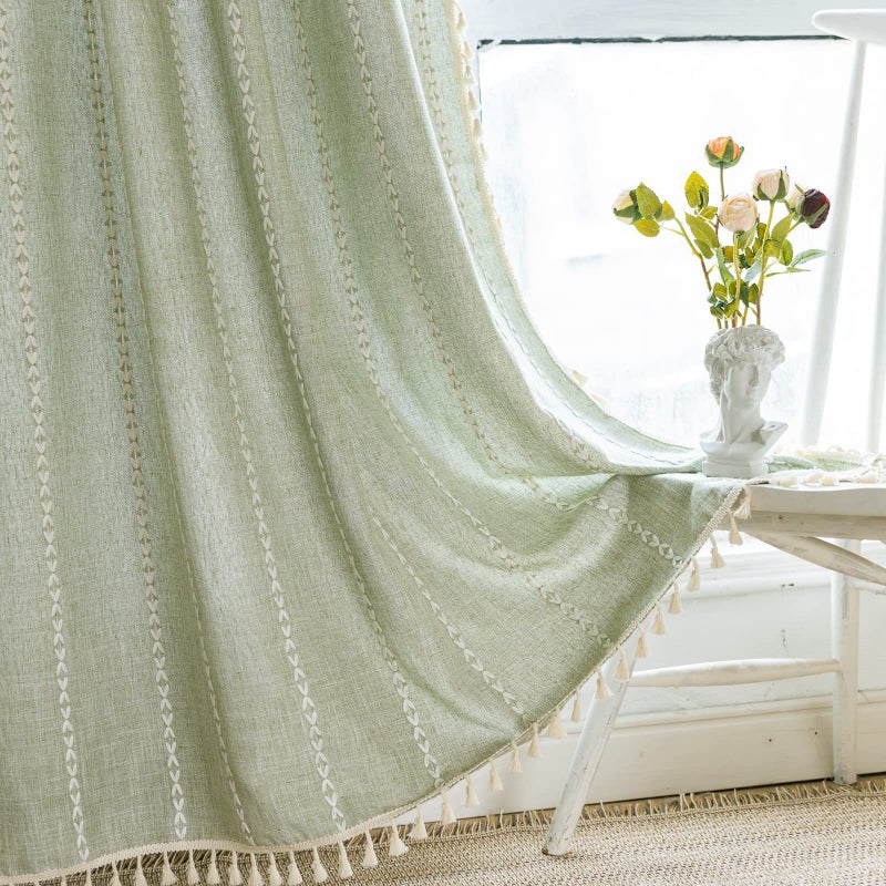 Sage Green Boho Farmhouse Curtains for Bedroom Living Room 84 Inches Long Curtains 2 Pannels Cotton Linen Window Curtain Bohemian Tassel Curtain Drapes 55 W x 84 LSage Green