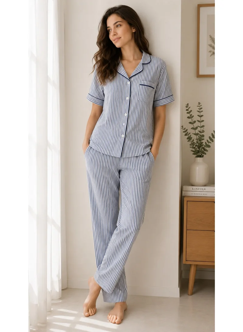 victor and jane Women's Striped Pyjama Set with Contrast Piping