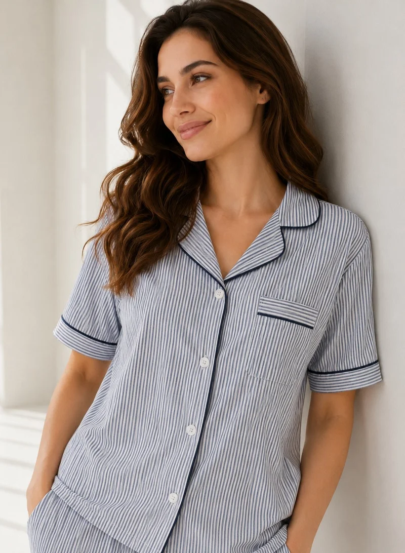 victor and jane Women's Striped Pyjama Set with Contrast Piping