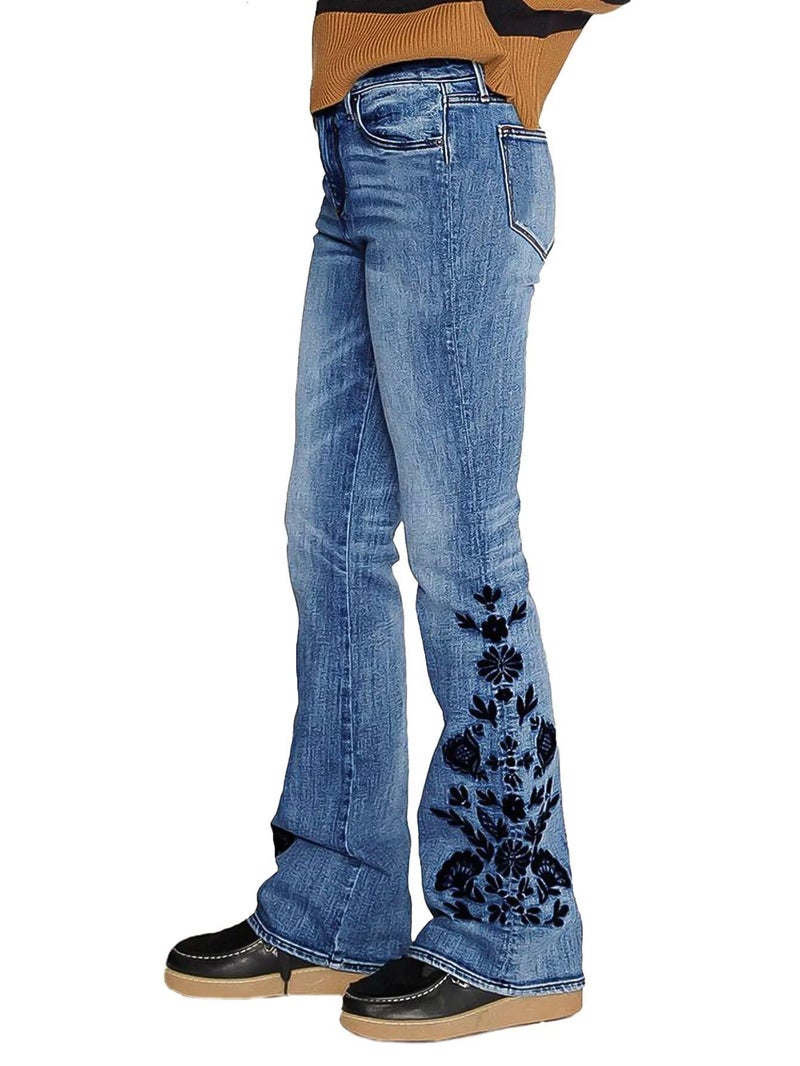 Flamingals Embroidered Jeans for Women Mid Waist Casual Floral Embroidery Bottom High Stretch Bootcut Jeans Light Blue S - Image 1