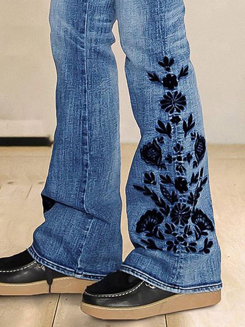 Flamingals Embroidered Jeans for Women Mid Waist Casual Floral Embroidery Bottom High Stretch Bootcut Jeans Light Blue S - Image 3