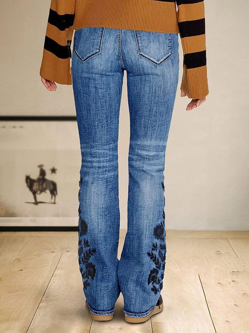 Flamingals Embroidered Jeans for Women Mid Waist Casual Floral Embroidery Bottom High Stretch Bootcut Jeans Light Blue S - Image 4