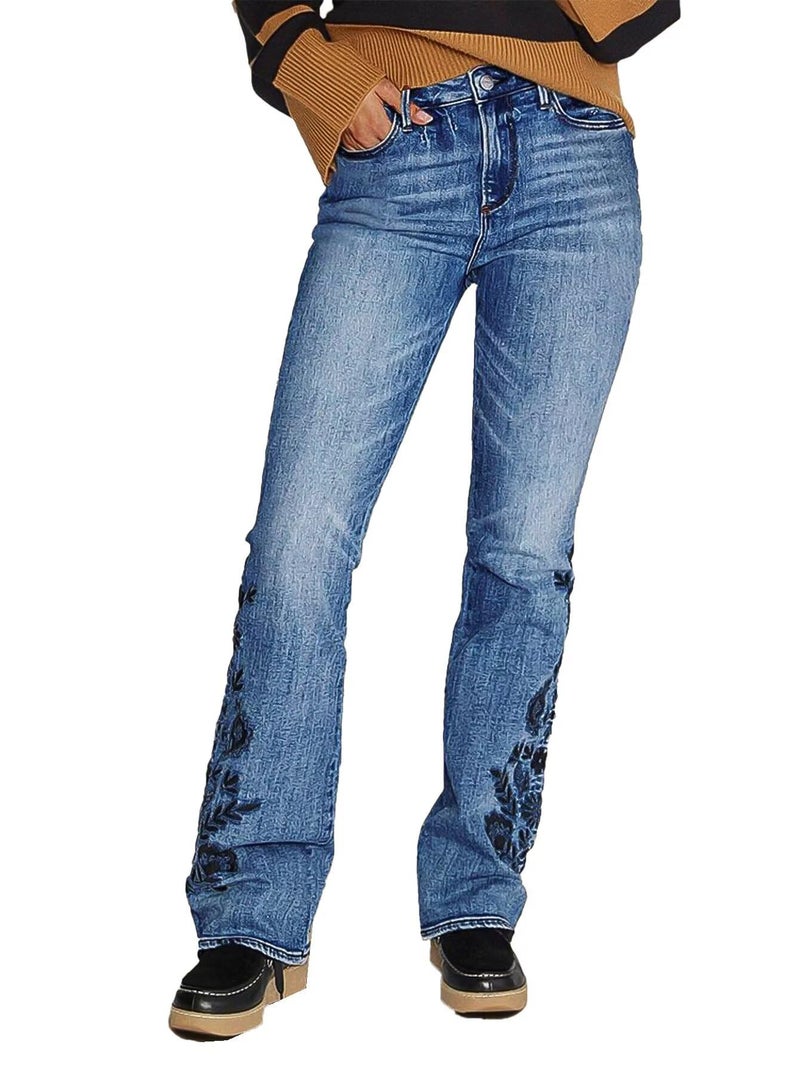Flamingals Embroidered Jeans for Women Mid Waist Casual Floral Embroidery Bottom High Stretch Bootcut Jeans Light Blue S - Image 2