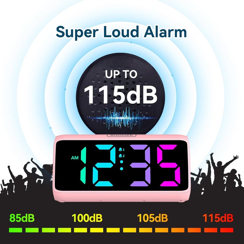 Netzu Loud Alarm Clock for Heavy Sleepers, RGB Alarm Clocks for Bedrooms Seniors Kids, Plug in Digital Clock with 5 Dimmers, 2 Alarms, 4 Volumes and Snooze - Image 3