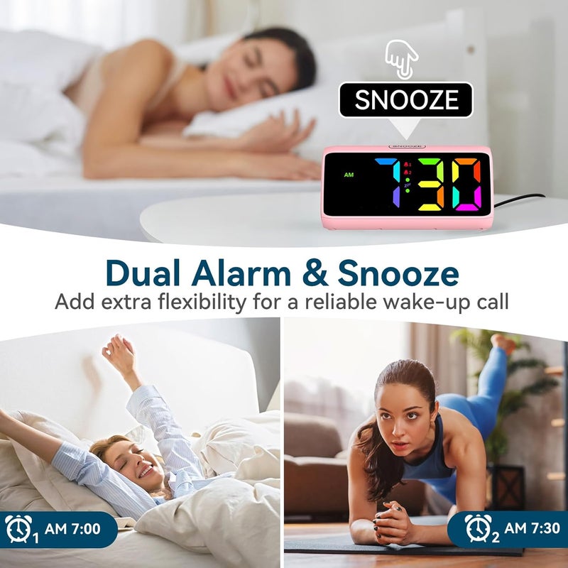 Netzu Loud Alarm Clock for Heavy Sleepers, RGB Alarm Clocks for Bedrooms Seniors Kids, Plug in Digital Clock with 5 Dimmers, 2 Alarms, 4 Volumes and Snooze - Image 4