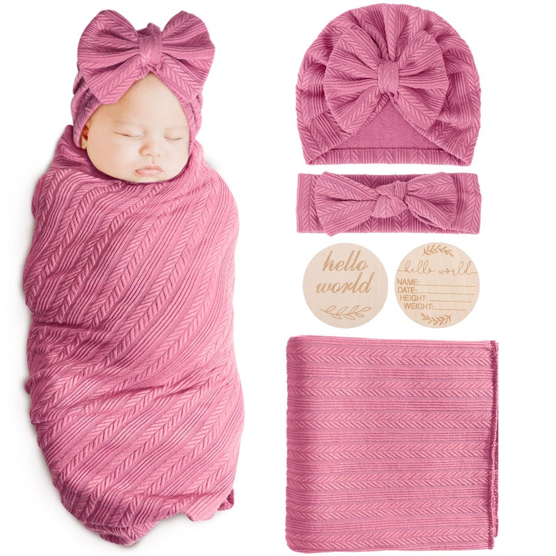 AQOKKA Newborn Receiving Blanket with Bow Hat Headband Wooden Card Set Wheat-Pattern Newborns Toddler Baby Boy Girl Nursery Swaddle Wrap - Image 1