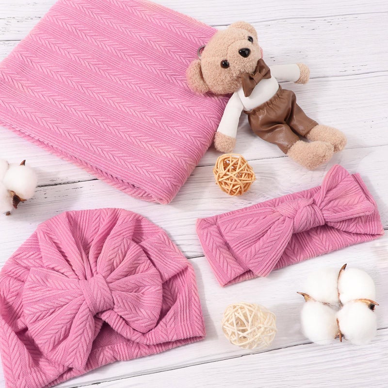 AQOKKA Newborn Receiving Blanket with Bow Hat Headband Wooden Card Set Wheat-Pattern Newborns Toddler Baby Boy Girl Nursery Swaddle Wrap - Image 3