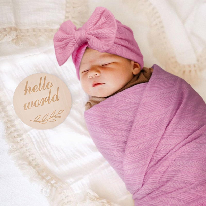 AQOKKA Newborn Receiving Blanket with Bow Hat Headband Wooden Card Set Wheat-Pattern Newborns Toddler Baby Boy Girl Nursery Swaddle Wrap - Image 5