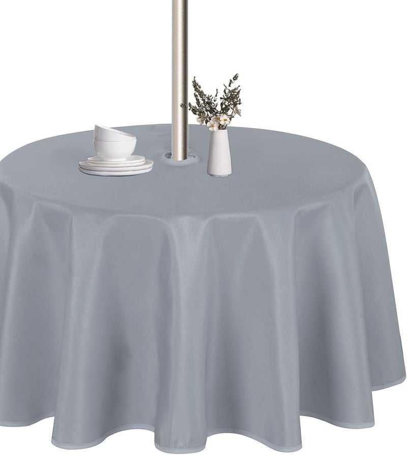 LUSHVIDA Round Outdoor Tablecloth with Umbrella Hole and Zipper, 60 Inch Silver, Washable Waterproof Table Cloth Spill Proof Wrinkle Free Table Cover for Patio Spring Summer Picnic BBQS - Image 1