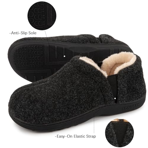 LongBay Men's Slippers Warm Bedroom Memory Foam House Shoes Slip-On for Indoor Outdoor Winter (Black, 11-12) - Image 4