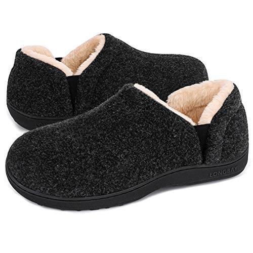 LongBay Men's Slippers Warm Bedroom Memory Foam House Shoes Slip-On for Indoor Outdoor Winter (Black, 11-12) - Image 1