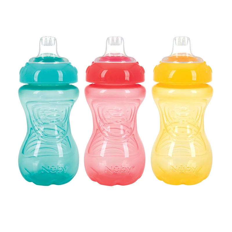 Nuby 3 Pack No Spill Toddler Sippy Cups - Toddler Cups Spill Proof with Easy and Firm Grip - Aqua, Coral, Yellow - Image 1