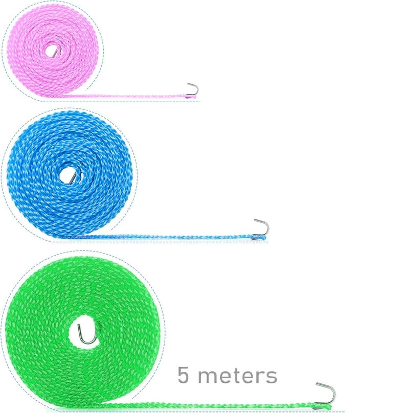 Rexez Pack of 3 Non-Slip Washing Lines, Windproof Camping Travel Clothesline, Outdoor Lead with Hooks, Portable Clothesline, Extendable for Home, Travel, Camping, Outdoor - Image 2