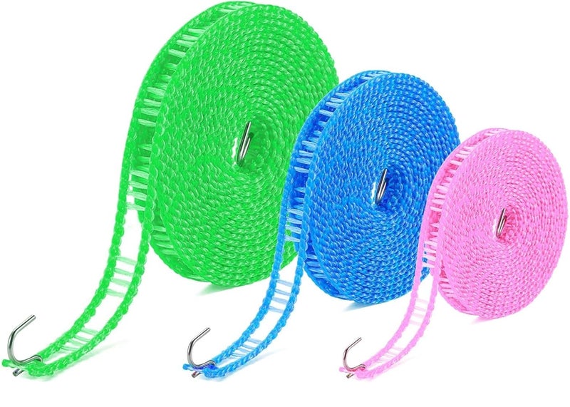 Rexez Pack of 3 Non-Slip Washing Lines, Windproof Camping Travel Clothesline, Outdoor Lead with Hooks, Portable Clothesline, Extendable for Home, Travel, Camping, Outdoor - Image 1