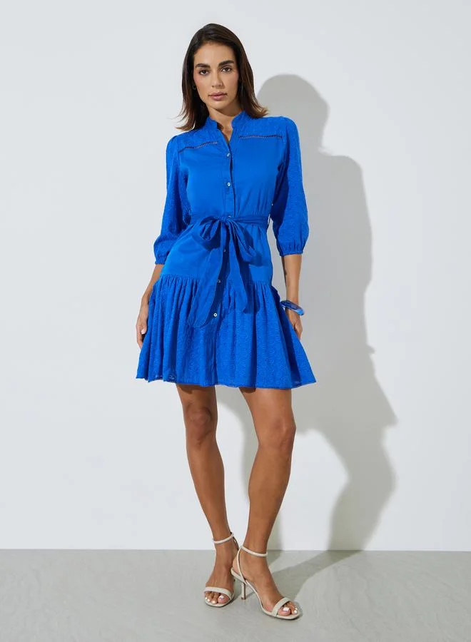 Styli Blue Cotton Schiffli 3/4 Sleeves Mini Dress