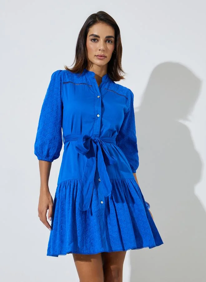 Styli Blue Cotton Schiffli 3/4 Sleeves Mini Dress