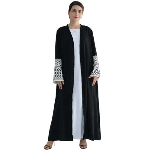 ABEWIP Muslim Dresses for Women Ramadan Kimono Long Sleeve Embroidered Islamic Cardigan Prayer Dress Abaya Kaftan with Belt Turkey Dubai Casual Dress Abaya Dress for Women Black M - Image 1