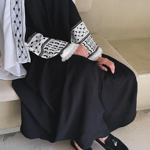 ABEWIP Muslim Dresses for Women Ramadan Kimono Long Sleeve Embroidered Islamic Cardigan Prayer Dress Abaya Kaftan with Belt Turkey Dubai Casual Dress Abaya Dress for Women Black M - Image 3