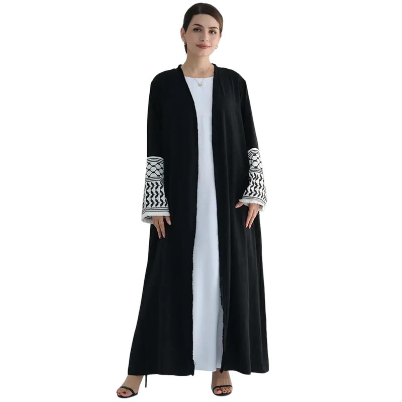 ABEWIP Muslim Dresses for Women Ramadan Kimono Long Sleeve Embroidered Islamic Cardigan Prayer Dress Abaya Kaftan with Belt Turkey Dubai Casual Dress Abaya Dress for Women Black M - Image 2