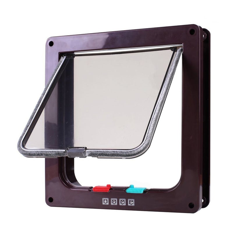 4 Way Locking Cat Flap Door: Brown ABS Plastic, Weatherproof, Large Size - Easy To Install, Transparent Baffle Pet Door for Indoor Outdoor Cats And Dogs - Image 1