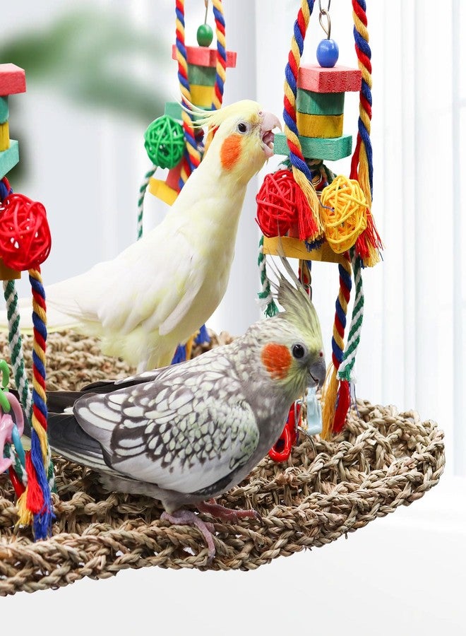 Oooct Large Bird Swing Toys, Colorful Parrot Seagrass Mat Hammock with Blocks, Bird Foraging Toy, Bird Cage Accessories, Suitable for Small to Medium Birds Parakeets Lovebirds Cockatiels 15.7 × 11.8 Inches - Image 3