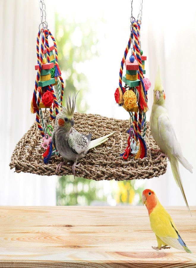 Oooct Large Bird Swing Toys, Colorful Parrot Seagrass Mat Hammock with Blocks, Bird Foraging Toy, Bird Cage Accessories, Suitable for Small to Medium Birds Parakeets Lovebirds Cockatiels 15.7 × 11.8 Inches - Image 2