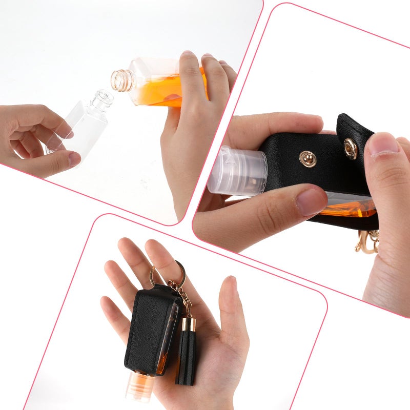 Molain حامل معقم يدين بمفتاح 2 قطعة 30 مل جلد محمول حاوية معقم يدين مضادة للتسرب زجاجات فارغة حامل سفر لمعقم اليدين زجاجة قابلة لإعادة التعبئة للغسول سائل الصابون الشامبو (بني، أسود) - Image 4