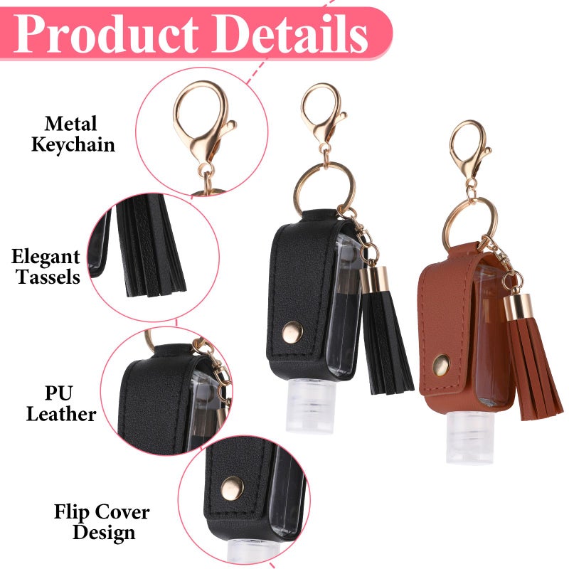 Molain حامل معقم يدين بمفتاح 2 قطعة 30 مل جلد محمول حاوية معقم يدين مضادة للتسرب زجاجات فارغة حامل سفر لمعقم اليدين زجاجة قابلة لإعادة التعبئة للغسول سائل الصابون الشامبو (بني، أسود) - Image 3