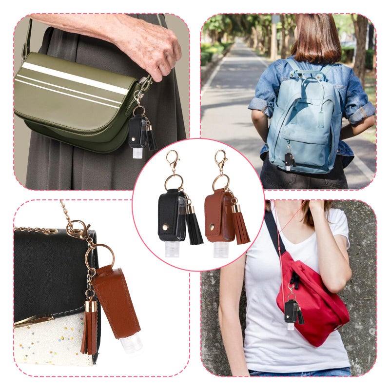 Molain حامل معقم يدين بمفتاح 2 قطعة 30 مل جلد محمول حاوية معقم يدين مضادة للتسرب زجاجات فارغة حامل سفر لمعقم اليدين زجاجة قابلة لإعادة التعبئة للغسول سائل الصابون الشامبو (بني، أسود) - Image 5