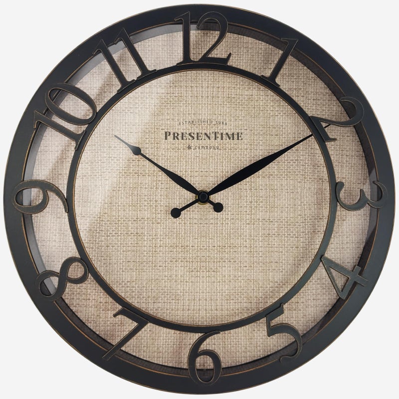 Presentime & Co 13" Farmhouse Series Wall Clock, Cottage Style, Faux Burlap Design, Silent No Ticking, Oil Rubbed Antique Bronze Finish - Image 1