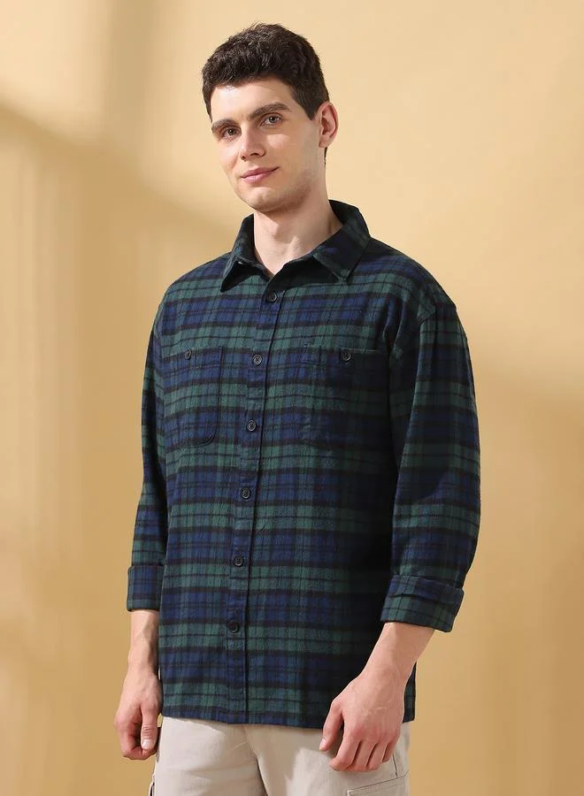 دينيس لينغو قميص رجالي كاروهات أخضر بأزرار بقصة مريحة