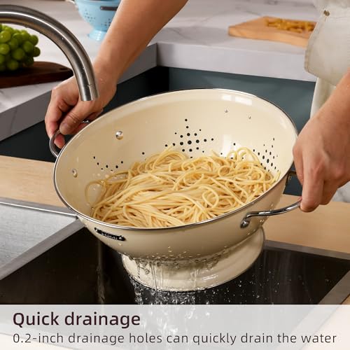 BeFare Metal Colander 2 Pack, Strainer Bowel with Handles 2Qt & 6Qt Powder Coated Solid Ring Base Heavey Duty Kitchen Drainer Basket for Pasta Veggies and Fruits,New Home Apartment Essentials (Almond Cream) - Image 3