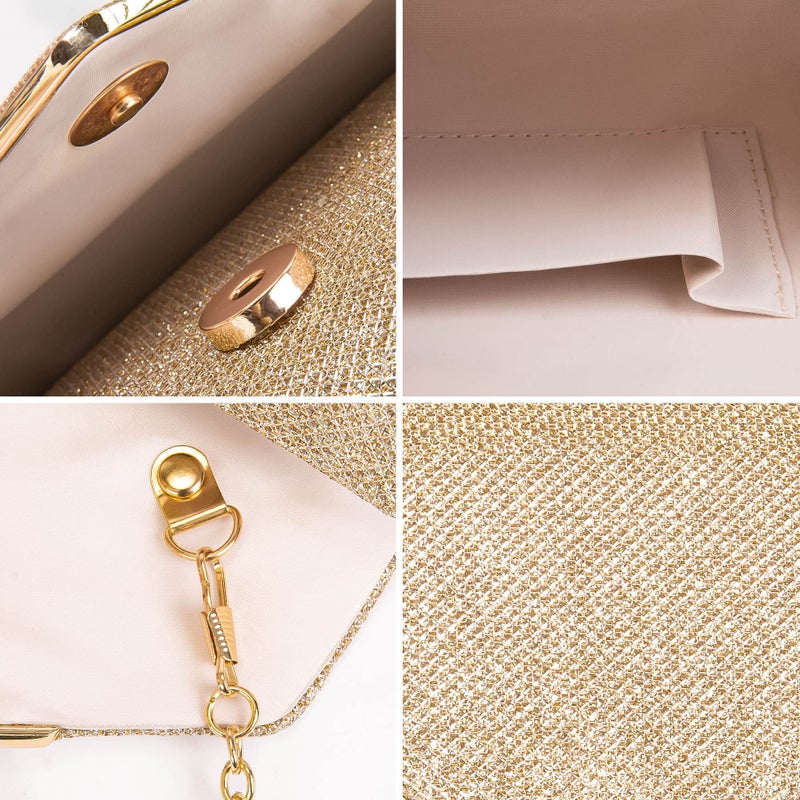 Larcenciel Clutch Purses for Women, Sparkling Envelope Evening Bag with Detachable Chain, Glitter Sequins Metal Formal Handbag Shoulder Crossbody Bag Prom Party Purse Bridal Wedding Bag-Champagne Gold - Image 3
