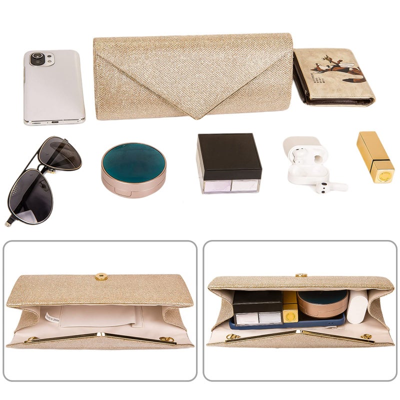 Larcenciel Clutch Purses for Women, Sparkling Envelope Evening Bag with Detachable Chain, Glitter Sequins Metal Formal Handbag Shoulder Crossbody Bag Prom Party Purse Bridal Wedding Bag-Champagne Gold - Image 4