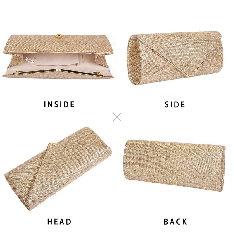 Larcenciel Clutch Purses for Women, Sparkling Envelope Evening Bag with Detachable Chain, Glitter Sequins Metal Formal Handbag Shoulder Crossbody Bag Prom Party Purse Bridal Wedding Bag-Champagne Gold - Image 5