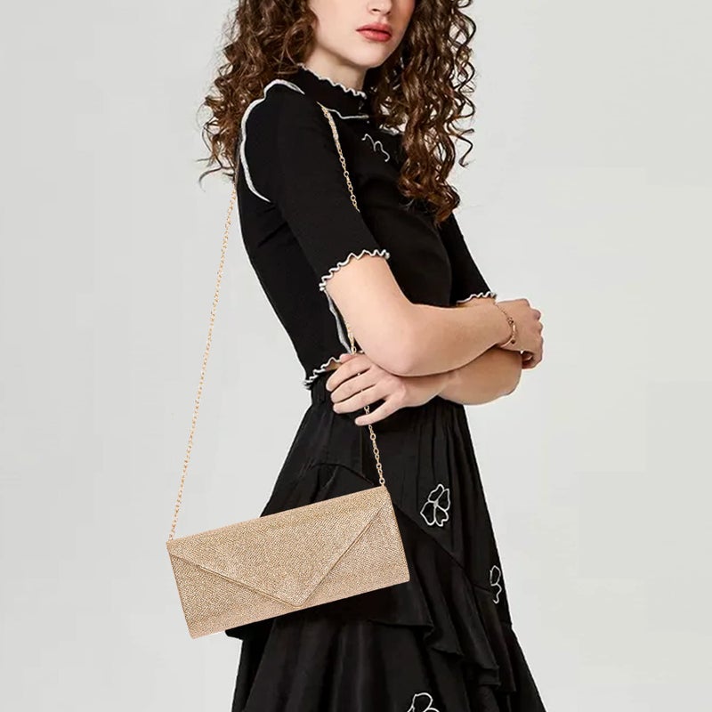 Larcenciel Clutch Purses for Women, Sparkling Envelope Evening Bag with Detachable Chain, Glitter Sequins Metal Formal Handbag Shoulder Crossbody Bag Prom Party Purse Bridal Wedding Bag-Champagne Gold - Image 2