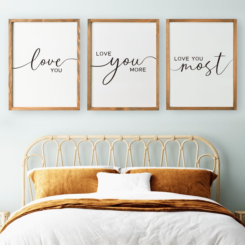 Houmury Set of 3 Love You More Sign I Love You Most Sign Wall Decor for bedroom room and living room (11x14 inches, Brown) - Image 1