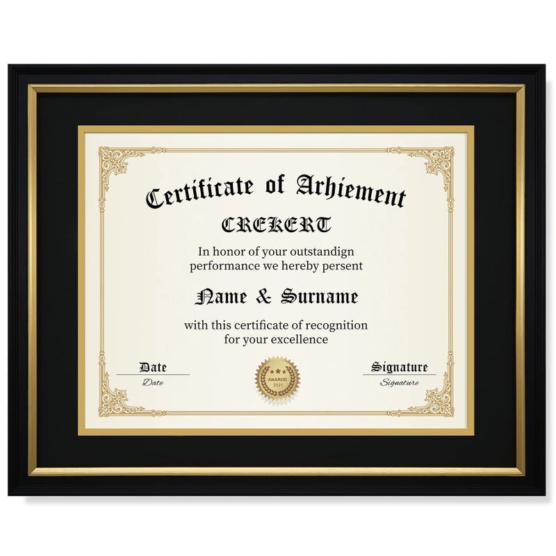 CREKERT CREKERT Diploma Frame 11x14 Degree Frame Solid Wood ShatterResistant Glass for Documents Certificate Blackgold Frame 85x11 with Mat Black Mat 1 Pack 