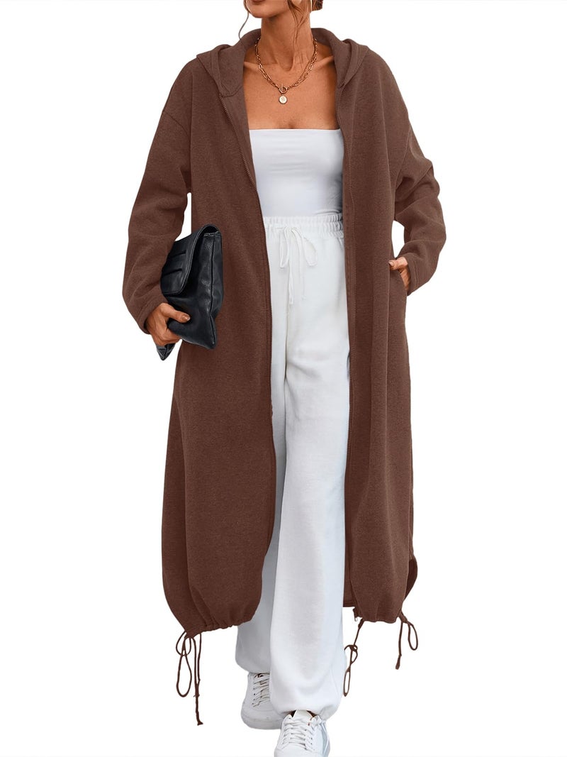 Ebifin Womens Oversized Full Zip Sweatshirts Drop Shoulder Hoodies Drawstring Long Jackets With Pockets Dark Brown