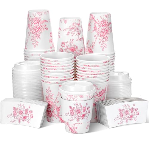 Vesici 60pcs 14oz Pink Disposable Coffee Cups with Lids and Sleeves Botanical Floral Coffee Cups Pink Toilet Paper Cup for Spring Birthday Weddings Bridal Shower Tea Party Supplies - Image 1