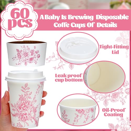 Vesici 60pcs 14oz Pink Disposable Coffee Cups with Lids and Sleeves Botanical Floral Coffee Cups Pink Toilet Paper Cup for Spring Birthday Weddings Bridal Shower Tea Party Supplies - Image 3