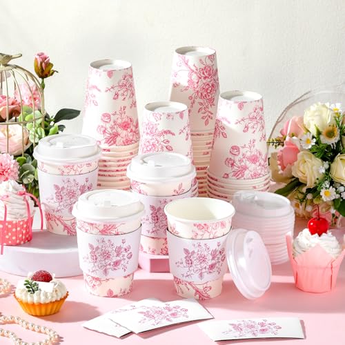 Vesici 60pcs 14oz Pink Disposable Coffee Cups with Lids and Sleeves Botanical Floral Coffee Cups Pink Toilet Paper Cup for Spring Birthday Weddings Bridal Shower Tea Party Supplies - Image 4