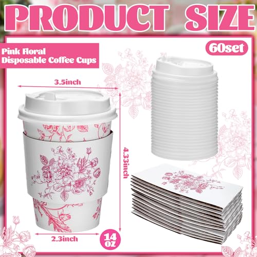Vesici 60pcs 14oz Pink Disposable Coffee Cups with Lids and Sleeves Botanical Floral Coffee Cups Pink Toilet Paper Cup for Spring Birthday Weddings Bridal Shower Tea Party Supplies - Image 2